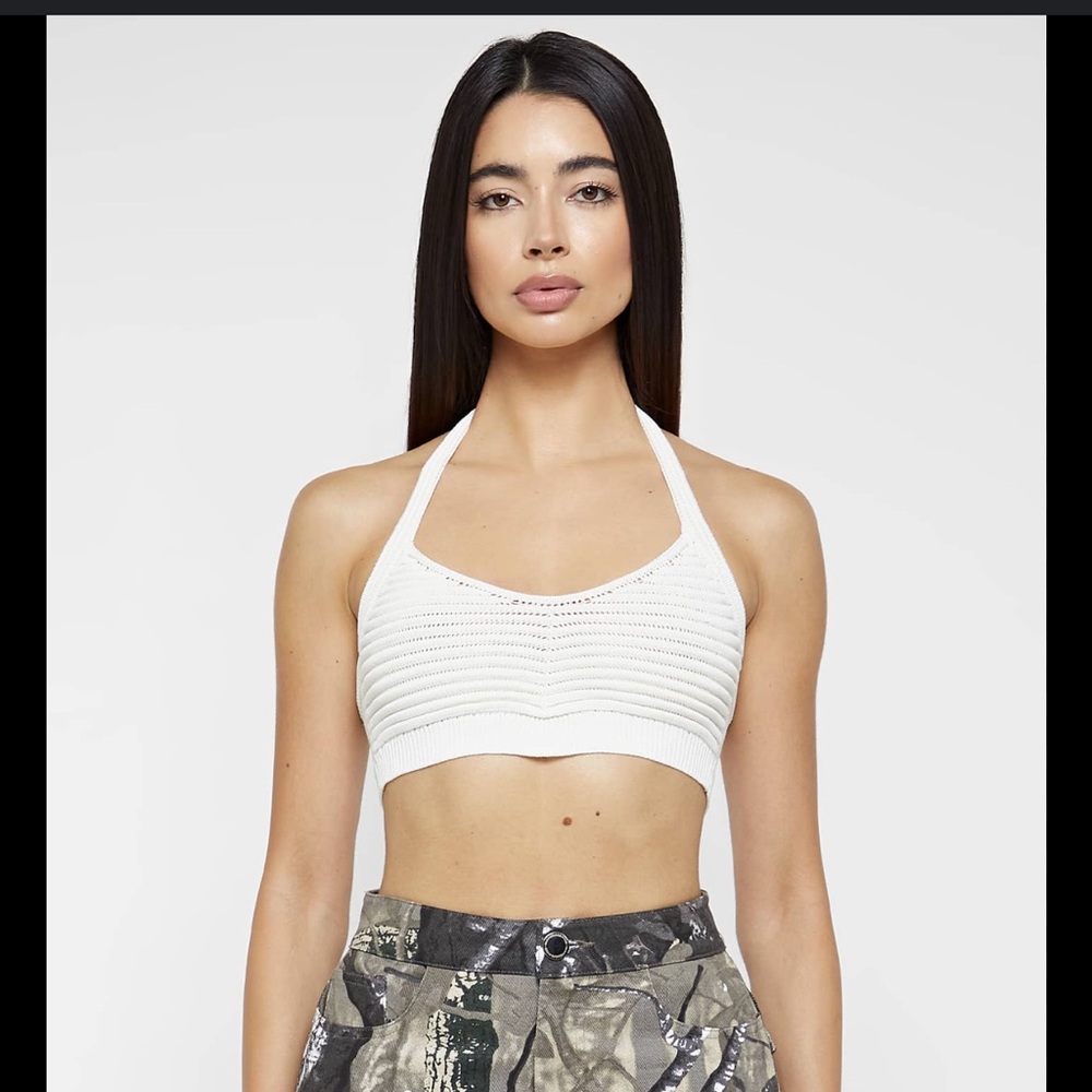 Maniere De Vior White Halter Crop Top